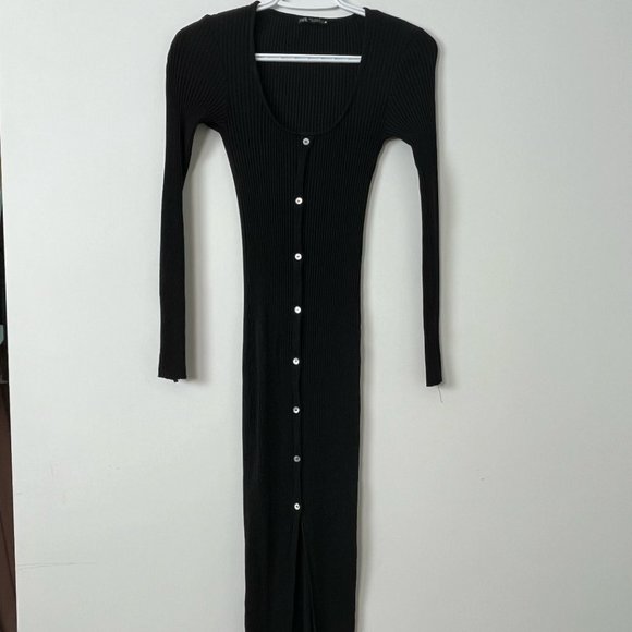 Zara Dresses & Skirts - Zara Bodycon Long Sleeve Midi Ribbed Black Dress Small